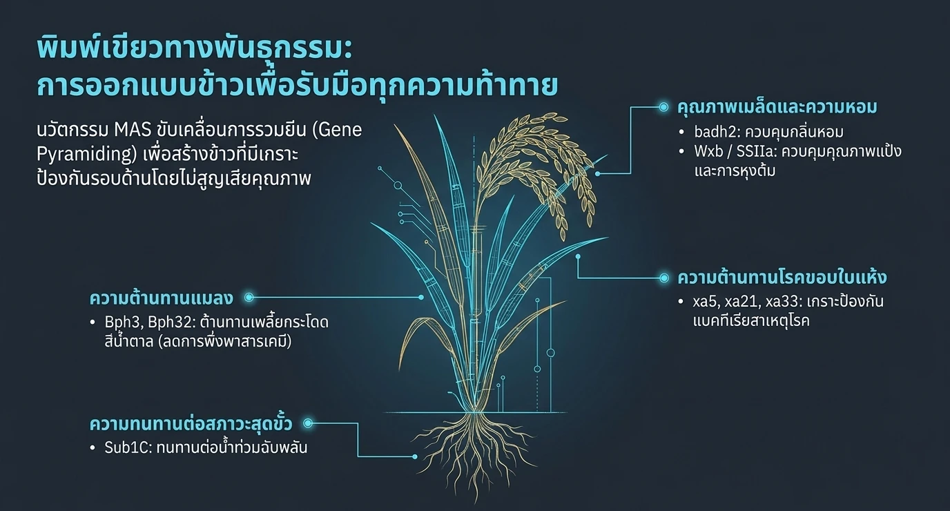 Genetic blueprint: grain quality and aroma (badh2, Wxb/SSIIa), bacterial blight resistance (xa5, xa21, xa33), insect resistance (Bph3, Bph32), extreme-condition tolerance (Sub1C)